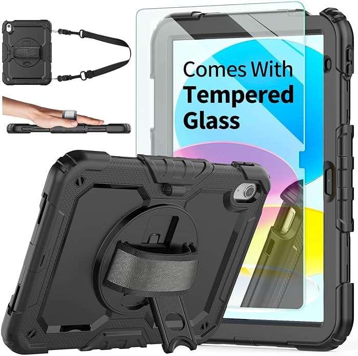 Ambison Case for iPad (A16) 11th/10th Generation 11''/10.9'' 2025/2022, [Kid Proof] Full Body Protective Case with 9H Tempered Glass Screen Protector, 360° Rotatable Kickstand & Hand Strap (Black) - Image 1