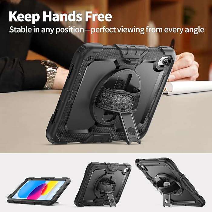Ambison Case for iPad (A16) 11th/10th Generation 11''/10.9'' 2025/2022, [Kid Proof] Full Body Protective Case with 9H Tempered Glass Screen Protector, 360° Rotatable Kickstand & Hand Strap (Black) - Image 3