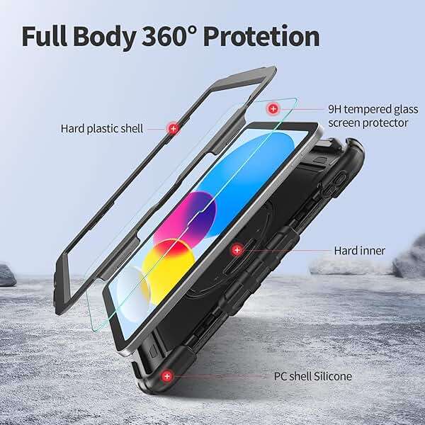 Ambison Case for iPad (A16) 11th/10th Generation 11''/10.9'' 2025/2022, [Kid Proof] Full Body Protective Case with 9H Tempered Glass Screen Protector, 360° Rotatable Kickstand & Hand Strap (Black) - Image 5