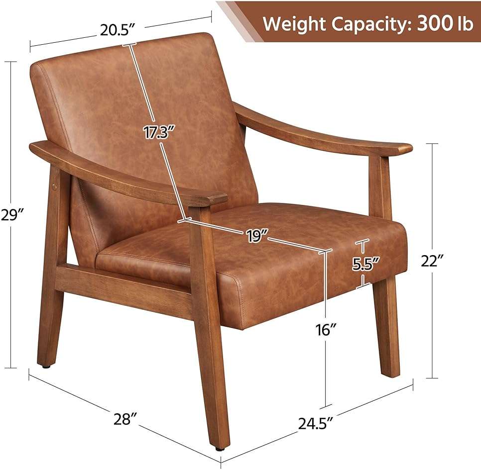 Yaheetech PU Leather Accent Chair, Mid-Century Modern Armchair with Solid Wood Legs, Reading Leisure Chair for Living Room Bedroom Waiting Room, Light Brown, Set of 2 - Image 3