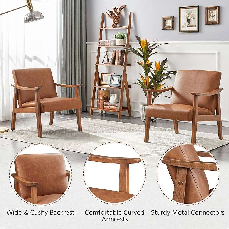 Yaheetech PU Leather Accent Chair, Mid-Century Modern Armchair with Solid Wood Legs, Reading Leisure Chair for Living Room Bedroom Waiting Room, Light Brown, Set of 2 - Image 4