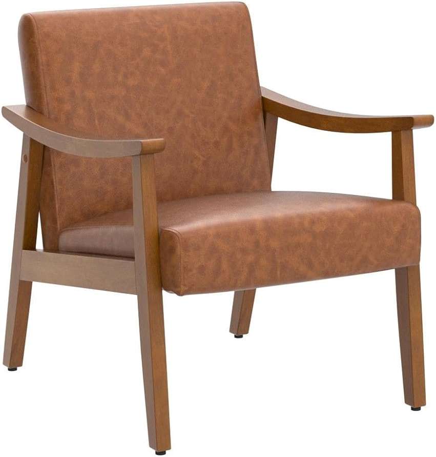 Yaheetech PU Leather Accent Chair, Mid-Century Modern Armchair with Solid Wood Legs, Reading Leisure Chair for Living Room Bedroom Waiting Room, Light Brown, Set of 2 - Image 5