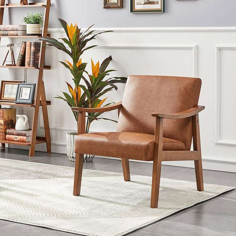 Yaheetech PU Leather Accent Chair, Mid-Century Modern Armchair with Solid Wood Legs, Reading Leisure Chair for Living Room Bedroom Waiting Room, Light Brown, Set of 2 - Image 6
