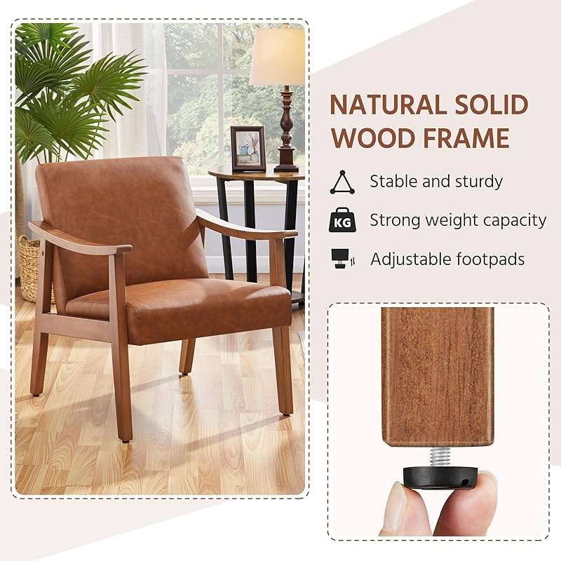 Yaheetech PU Leather Accent Chair, Mid-Century Modern Armchair with Solid Wood Legs, Reading Leisure Chair for Living Room Bedroom Waiting Room, Light Brown, Set of 2 - Image 7