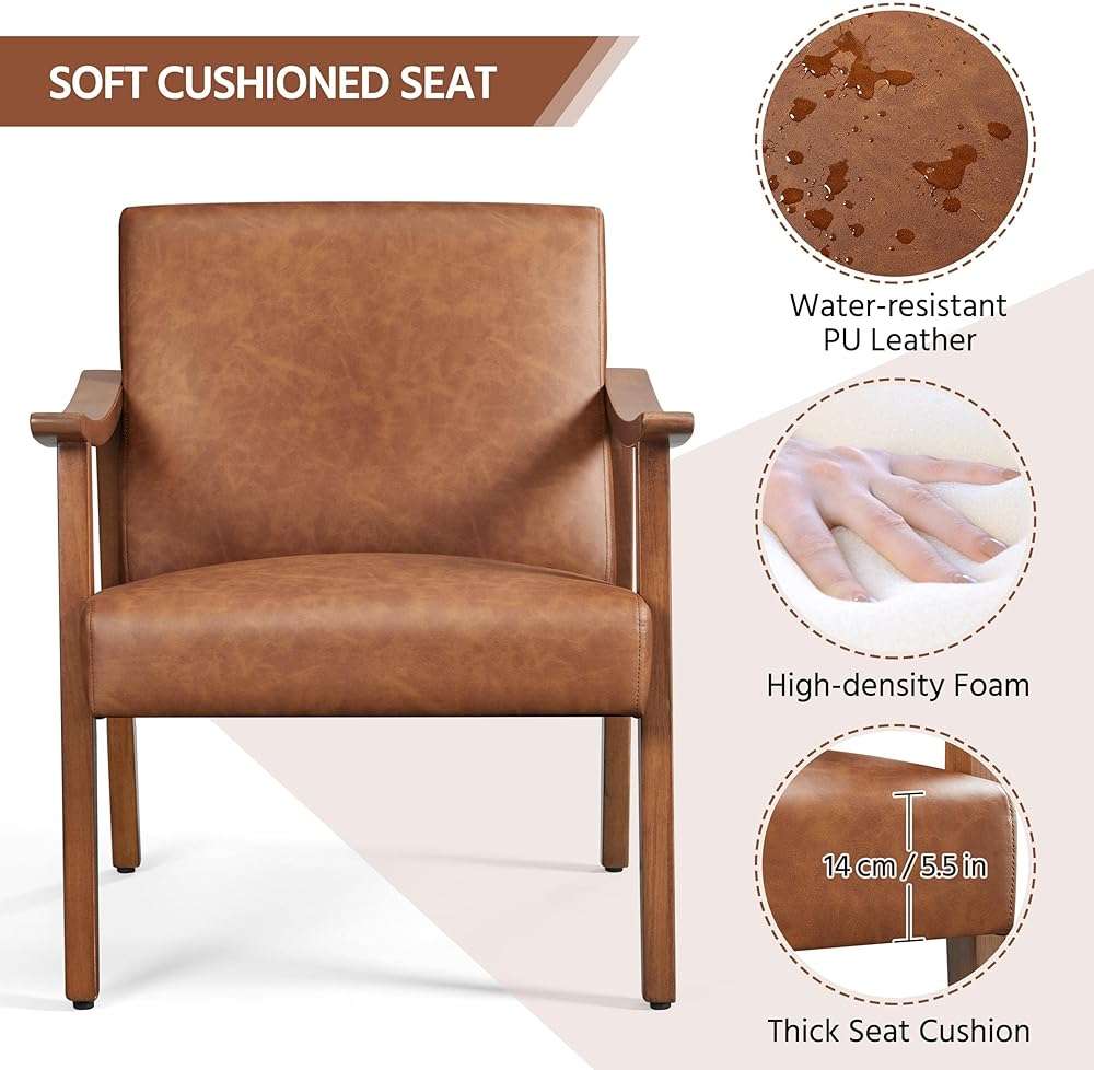 Yaheetech PU Leather Accent Chair, Mid-Century Modern Armchair with Solid Wood Legs, Reading Leisure Chair for Living Room Bedroom Waiting Room, Light Brown, Set of 2 - Image 9