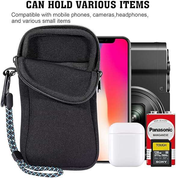 Pwsap Phone Sock, Universal Shock & Impact Resistant Neoprene Pouch with Carabiner and Lanyard Strap Sleeve Case for Hiking & Travelling Phone Bag Fits Phones up to 7 Inches, Black, M - Image 4