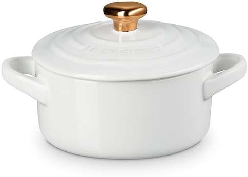 Le Creuset Stoneware Mini Round Cocotte, 8oz., White with Gold Heart Knob - Image 1