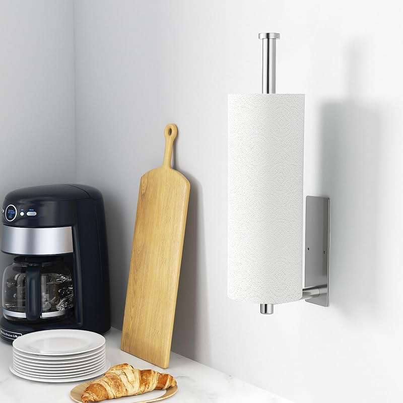 Paper Towel Holder - Self-Adhesive or Drilling, Brushed Nickel, Wall Mounted, SUS304 Stainless Steel Kitchen Roll Dispenser Under Cabinet - Image 3