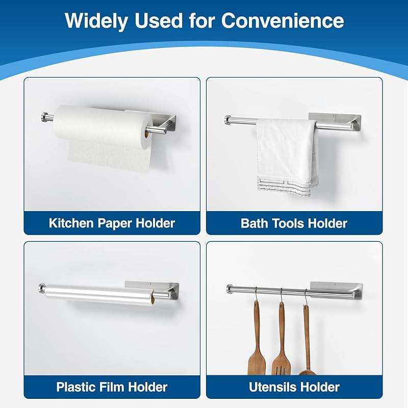 Paper Towel Holder - Self-Adhesive or Drilling, Brushed Nickel, Wall Mounted, SUS304 Stainless Steel Kitchen Roll Dispenser Under Cabinet - Image 5