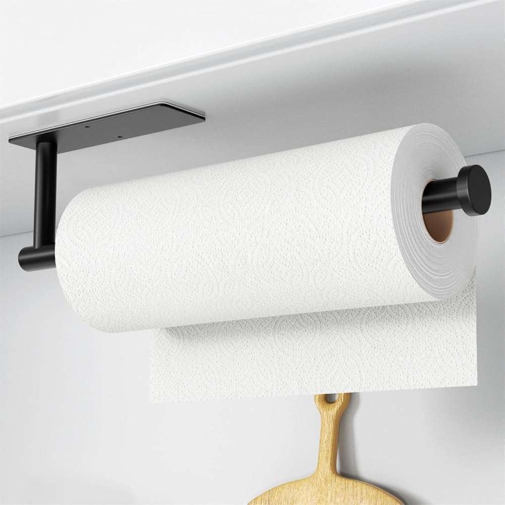 Paper Towel Holder - Self-Adhesive or Drilling, Matte Black Wall Mounted Rack - SUS304 Stainless Steel Kitchen Roll Dispenser Under Cabinet - Image 1