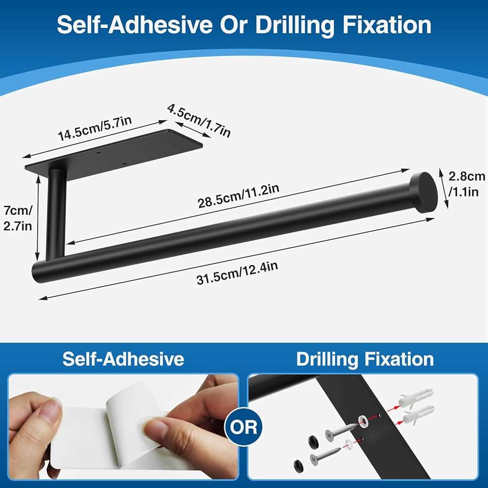 Paper Towel Holder - Self-Adhesive or Drilling, Matte Black Wall Mounted Rack - SUS304 Stainless Steel Kitchen Roll Dispenser Under Cabinet - Image 2