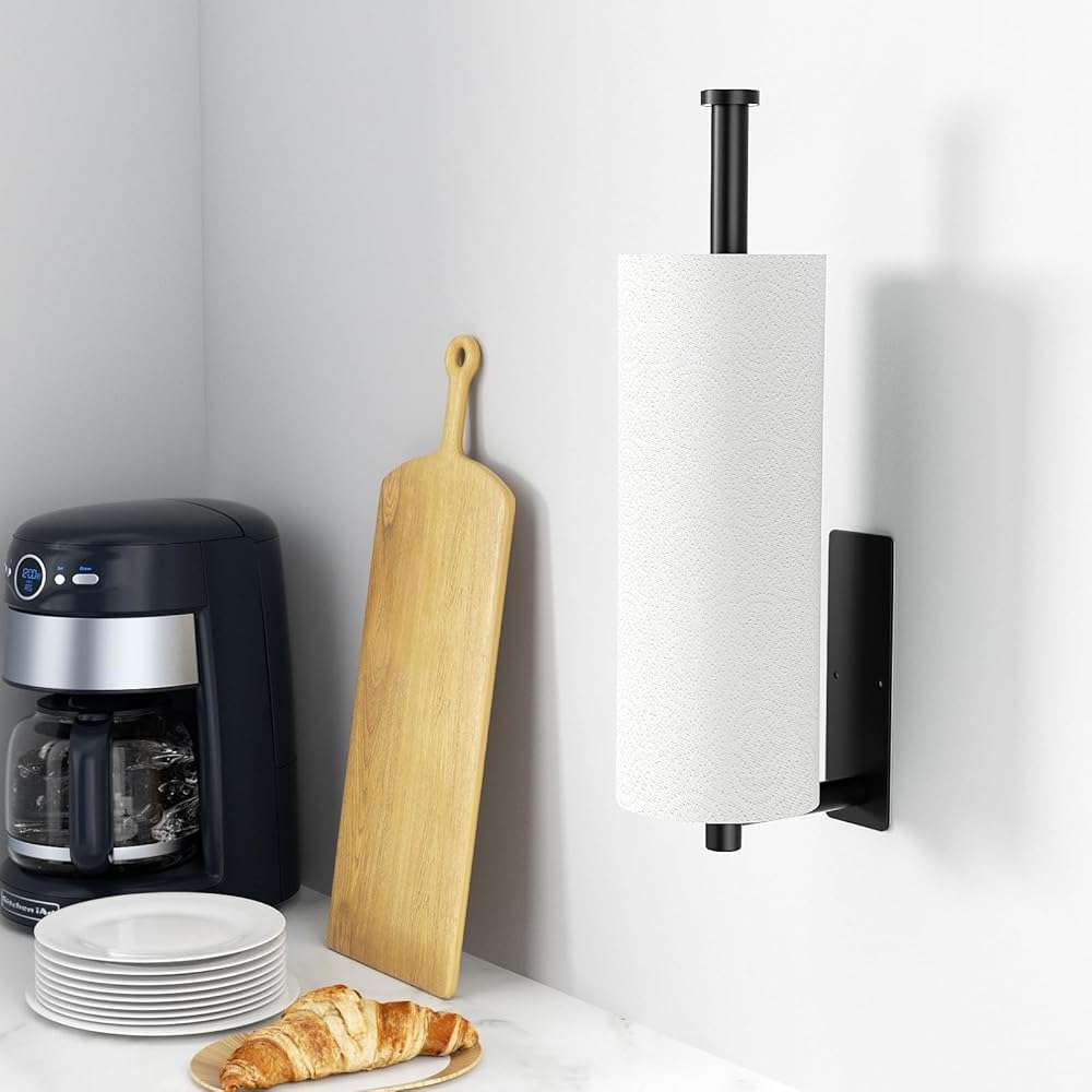 Paper Towel Holder - Self-Adhesive or Drilling, Matte Black Wall Mounted Rack - SUS304 Stainless Steel Kitchen Roll Dispenser Under Cabinet - Image 3