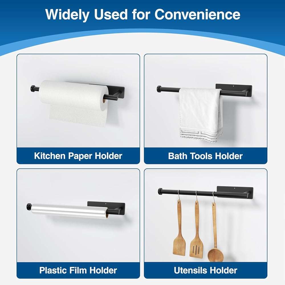 Paper Towel Holder - Self-Adhesive or Drilling, Matte Black Wall Mounted Rack - SUS304 Stainless Steel Kitchen Roll Dispenser Under Cabinet - Image 5