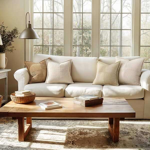 MIULEE Decorative Throw Pillow Covers for Couch Bed Livingroom 18x18 Inch Set of 2 Beige Boho Accent Throw Pllows Broadside Striped Patchwork Soft Corduroy Pillowcases - Image 2