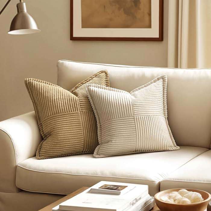 MIULEE Decorative Throw Pillow Covers for Couch Bed Livingroom 18x18 Inch Set of 2 Beige Boho Accent Throw Pllows Broadside Striped Patchwork Soft Corduroy Pillowcases - Image 3