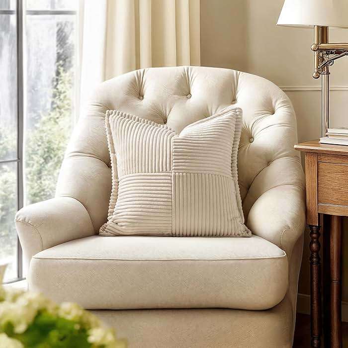 MIULEE Decorative Throw Pillow Covers for Couch Bed Livingroom 18x18 Inch Set of 2 Beige Boho Accent Throw Pllows Broadside Striped Patchwork Soft Corduroy Pillowcases - Image 4