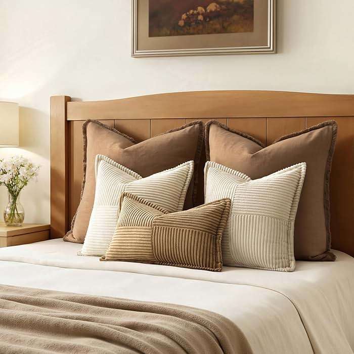 MIULEE Decorative Throw Pillow Covers for Couch Bed Livingroom 18x18 Inch Set of 2 Beige Boho Accent Throw Pllows Broadside Striped Patchwork Soft Corduroy Pillowcases - Image 6