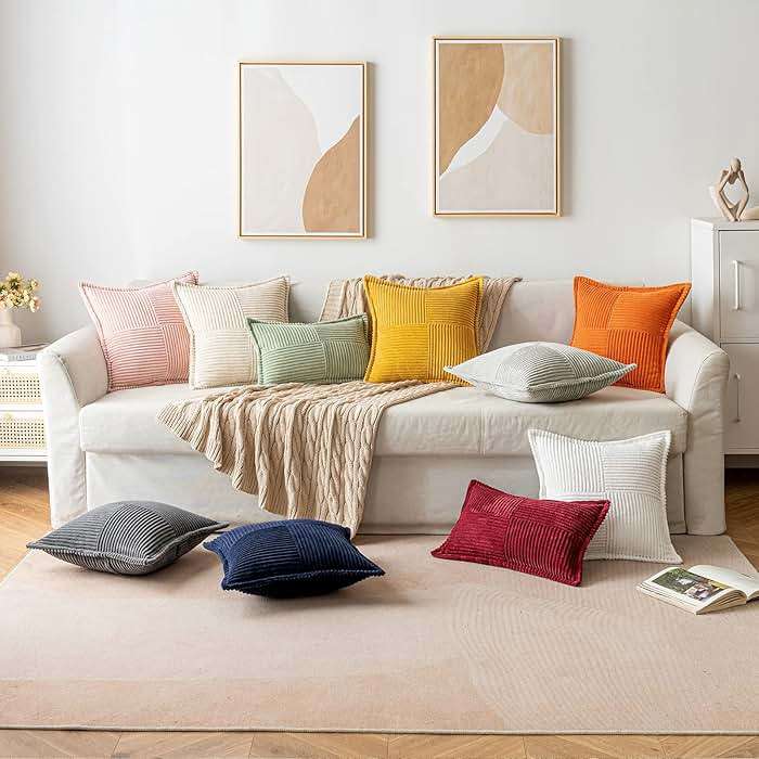 MIULEE Decorative Throw Pillow Covers for Couch Bed Livingroom 18x18 Inch Set of 2 Beige Boho Accent Throw Pllows Broadside Striped Patchwork Soft Corduroy Pillowcases - Image 9