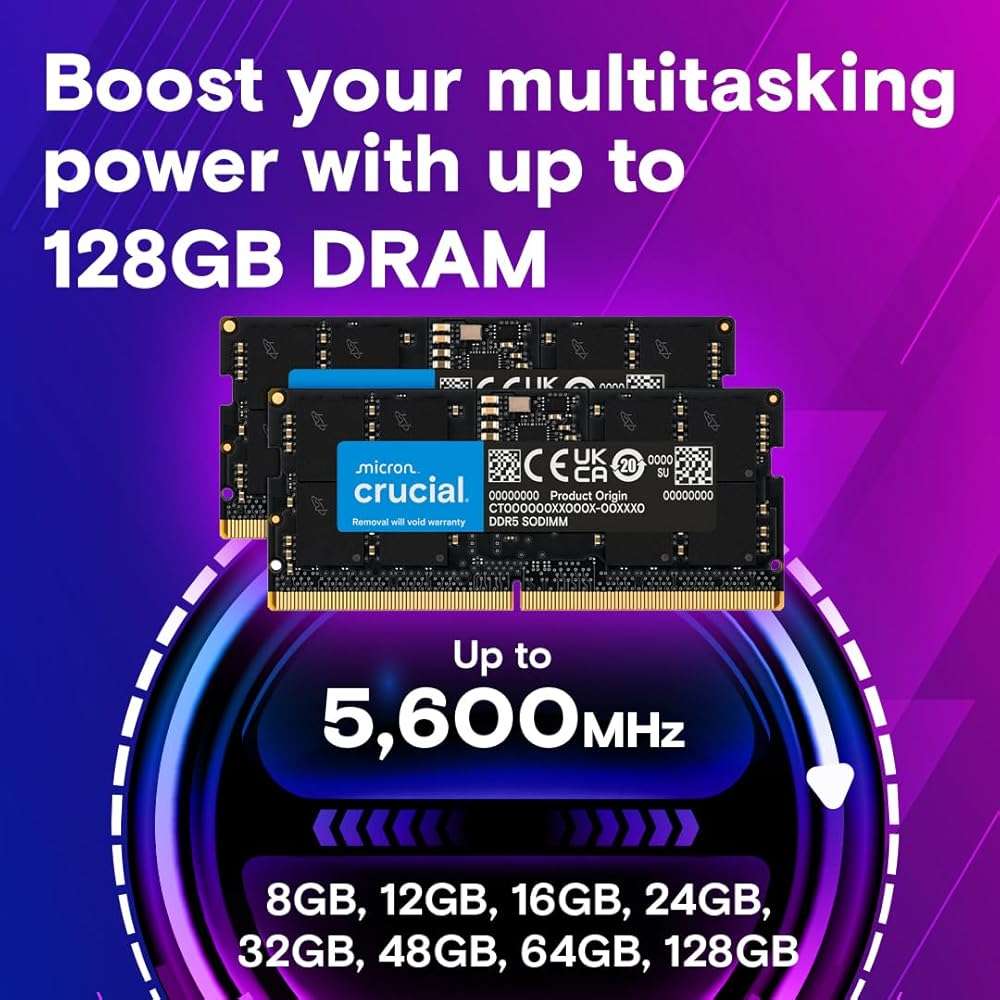 Crucial 32GB DDR5 RAM Kit (2x16GB), 5600MHz (or 5200MHz or 4800MHz) Laptop Memory 262-Pin SODIMM, Compatible with Intel Core and AMD Ryzen 7000, Black - CT2K16G56C46S5 - Image 3