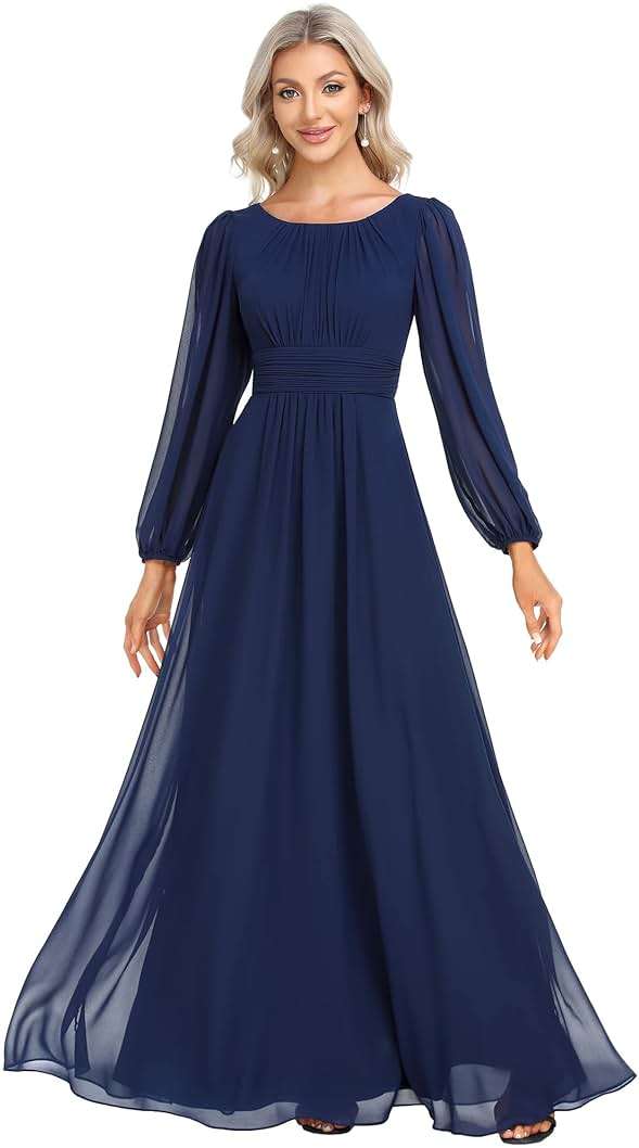 Ever-Pretty Women's Crewneck Long Lantern Sleeves Floor Length A-Line Pleated Chiffon Formal Dress 0106B - Image 1