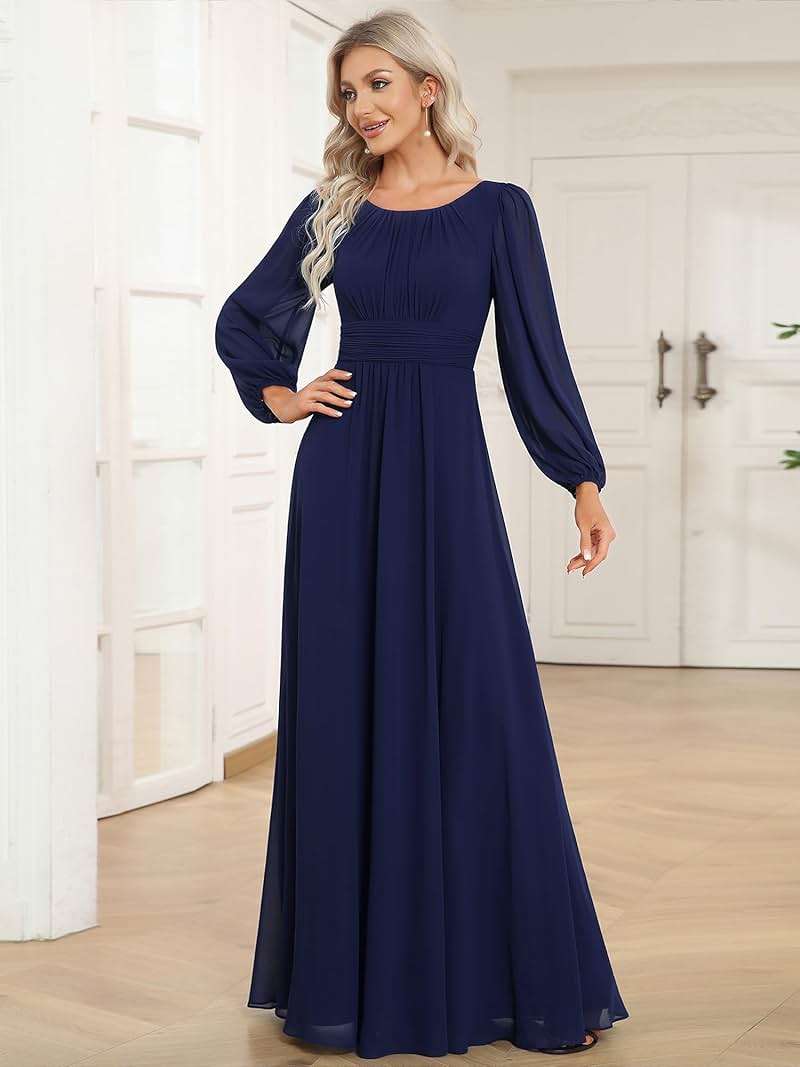 Ever-Pretty Women's Crewneck Long Lantern Sleeves Floor Length A-Line Pleated Chiffon Formal Dress 0106B - Image 4