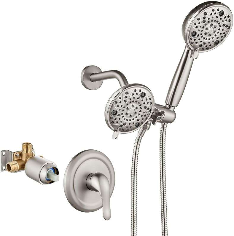 Aolemi Shower Faucet Set Rain Shower Head System Shower Trim Kit Pressure Rough-in Valve Included ABS 8 Setting Dual Shower Head and Handheld Spray Brushed Nickel - Image 1
