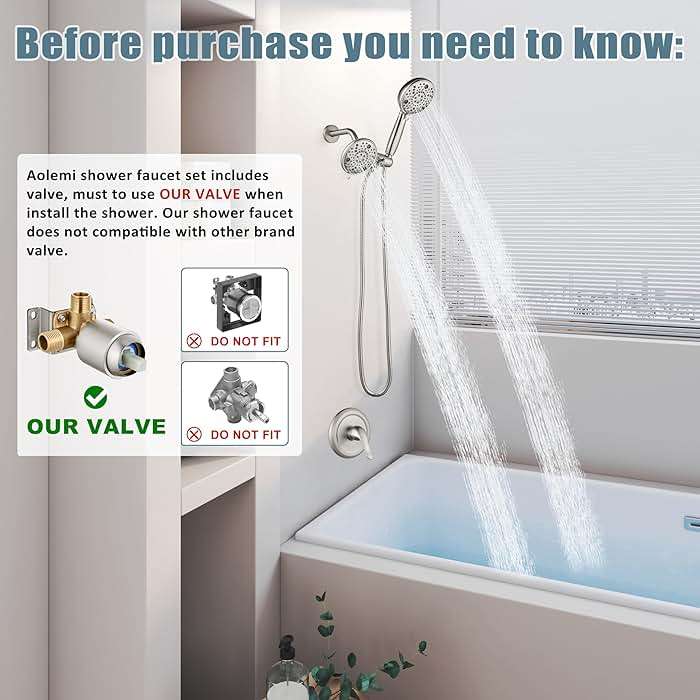 Aolemi Shower Faucet Set Rain Shower Head System Shower Trim Kit Pressure Rough-in Valve Included ABS 8 Setting Dual Shower Head and Handheld Spray Brushed Nickel - Image 2