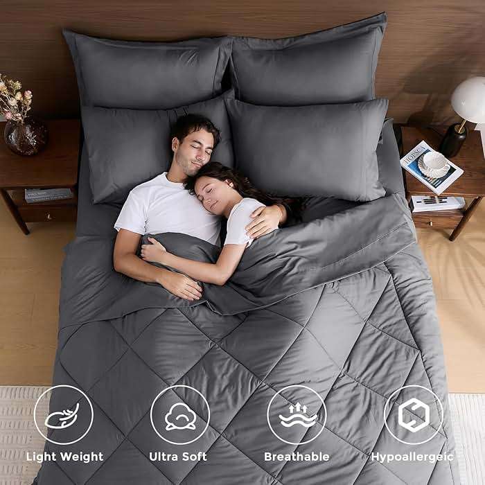 HEVUMYI 7 Pieces Queen Comforter Set, All Season Reversible Bed in a Bag, Ultra Soft Queen Bedding Set with Grey Comforter, Flat Sheet, Fitted Sheet, Pillowcases, Pillow Shams, Dark Grey - Image 3