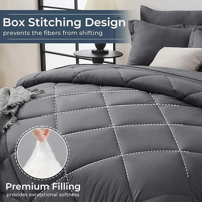 HEVUMYI 7 Pieces Queen Comforter Set, All Season Reversible Bed in a Bag, Ultra Soft Queen Bedding Set with Grey Comforter, Flat Sheet, Fitted Sheet, Pillowcases, Pillow Shams, Dark Grey - Image 5