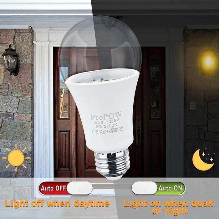 ProPOW 25 Watt Dusk to Dawn Light Bulbs, A19 3W Clear Cover E26 LED Bulbs Automatic on/Off Indoor/Outdoor Lighting for Porch,Garage,Driveway,Yard,Hallway,Patio(300 Lumen,Soft White,2-Pack) - Image 3