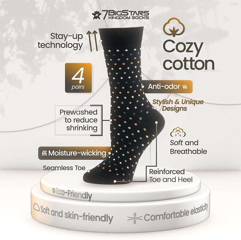 7BigStars Women Crew Socks - Fun Cotton Socks for Women, Colorful and Cute Designs, 4 Pairs Breathable Casual Dress Socks - Image 2