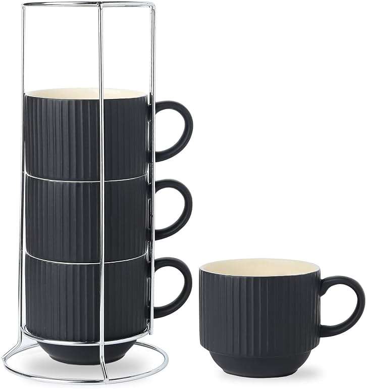 HASENSE Coffee Mug Ceramic Set of 4 with Stand, Stackable Large Latte Cups with Metal Stand, Dishwasher & Microwave Safe, Black for Cappuccino Tea Hot Cocoa - Image 1