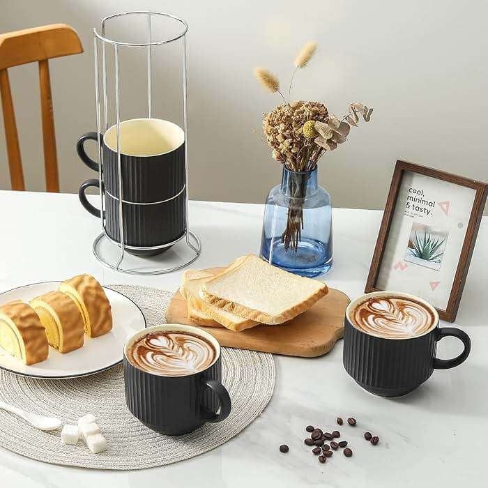 HASENSE Coffee Mug Ceramic Set of 4 with Stand, Stackable Large Latte Cups with Metal Stand, Dishwasher & Microwave Safe, Black for Cappuccino Tea Hot Cocoa - Image 2