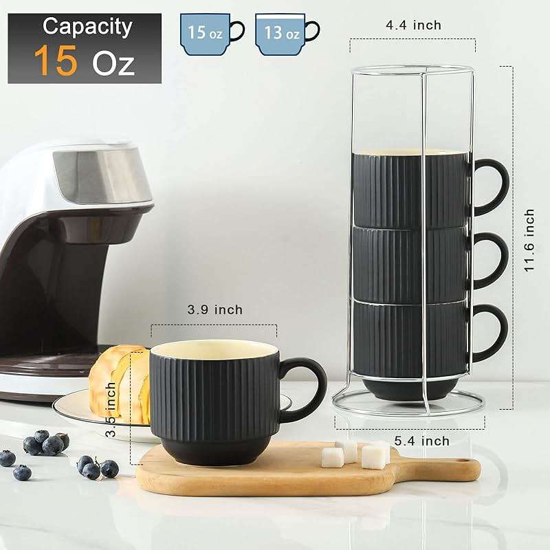HASENSE Coffee Mug Ceramic Set of 4 with Stand, Stackable Large Latte Cups with Metal Stand, Dishwasher & Microwave Safe, Black for Cappuccino Tea Hot Cocoa - Image 3
