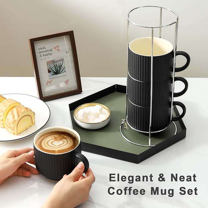 HASENSE Coffee Mug Ceramic Set of 4 with Stand, Stackable Large Latte Cups with Metal Stand, Dishwasher & Microwave Safe, Black for Cappuccino Tea Hot Cocoa - Image 4