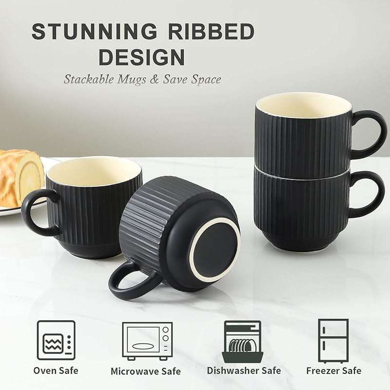HASENSE Coffee Mug Ceramic Set of 4 with Stand, Stackable Large Latte Cups with Metal Stand, Dishwasher & Microwave Safe, Black for Cappuccino Tea Hot Cocoa - Image 5