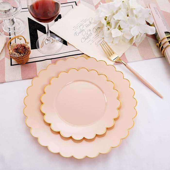 LIYH 60 Pcs Pink Plastic Plates with Gold Pink Plates Disposable Plate Set Includes 30 Dinner 10.25" and 30 Dessert Plate 7.5" for Baby Shower,Weddings,Parties,Birthday - Image 2