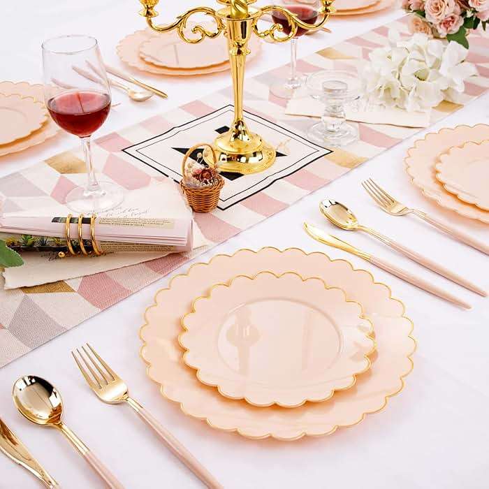 LIYH 60 Pcs Pink Plastic Plates with Gold Pink Plates Disposable Plate Set Includes 30 Dinner 10.25" and 30 Dessert Plate 7.5" for Baby Shower,Weddings,Parties,Birthday - Image 4