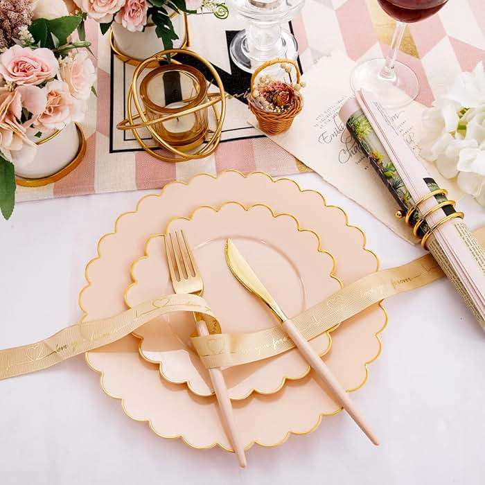LIYH 60 Pcs Pink Plastic Plates with Gold Pink Plates Disposable Plate Set Includes 30 Dinner 10.25" and 30 Dessert Plate 7.5" for Baby Shower,Weddings,Parties,Birthday - Image 5