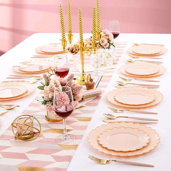 LIYH 60 Pcs Pink Plastic Plates with Gold Pink Plates Disposable Plate Set Includes 30 Dinner 10.25" and 30 Dessert Plate 7.5" for Baby Shower,Weddings,Parties,Birthday - Image 6