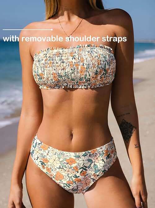 CUPSHE Bikini Set for Women Two Piece Swimsuit Bandeau Top Back Tie Mid Waisted Bottom with Removable Shoulder Straps - Image 2