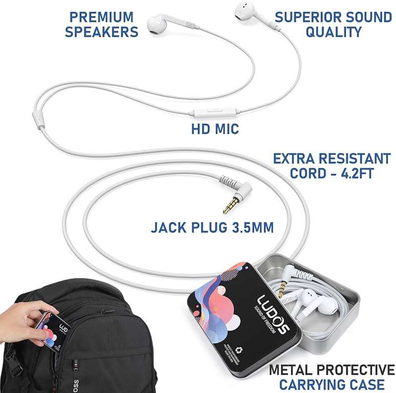 LUDOS FEROX Wired Earbuds in-Ear Headphones, 5 Year Warranty, Earphones with Microphone, Noise Isolation Corded for 3.5mm Jack Ear Buds for iPhone, Samsung, Computer, Laptop, Kids, School Students - Image 2