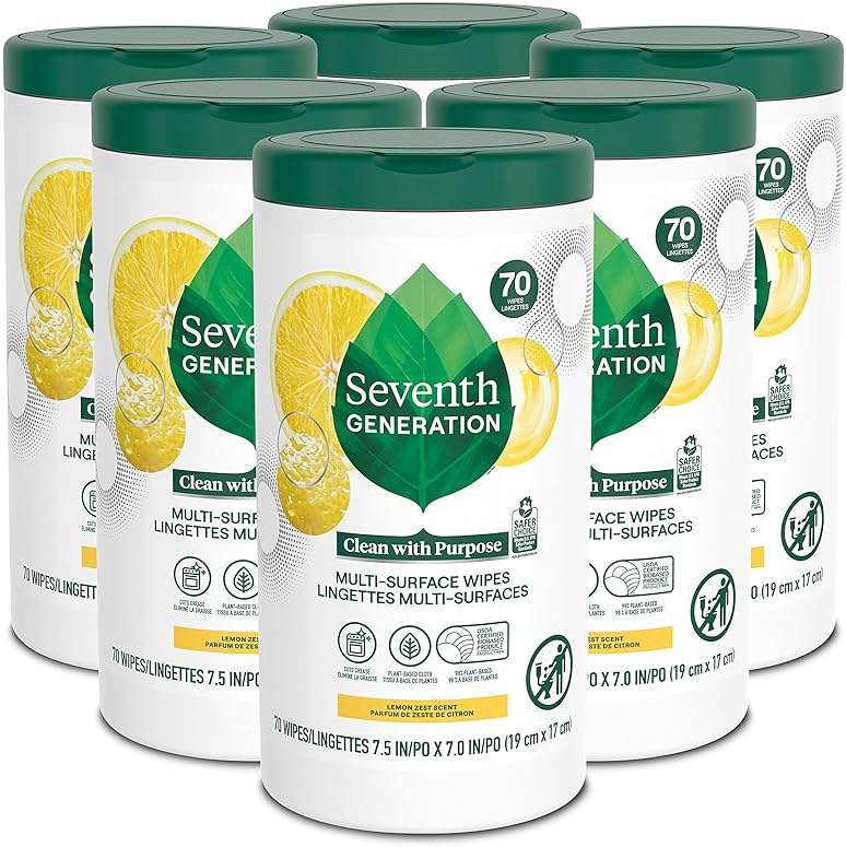 Seventh Generation Multi Surface Wipes All Purpose Cleaning Lemon Zest scent with 100% Essential Oils and Botanical Ingredients 70 count, Pack of 6 - Image 1