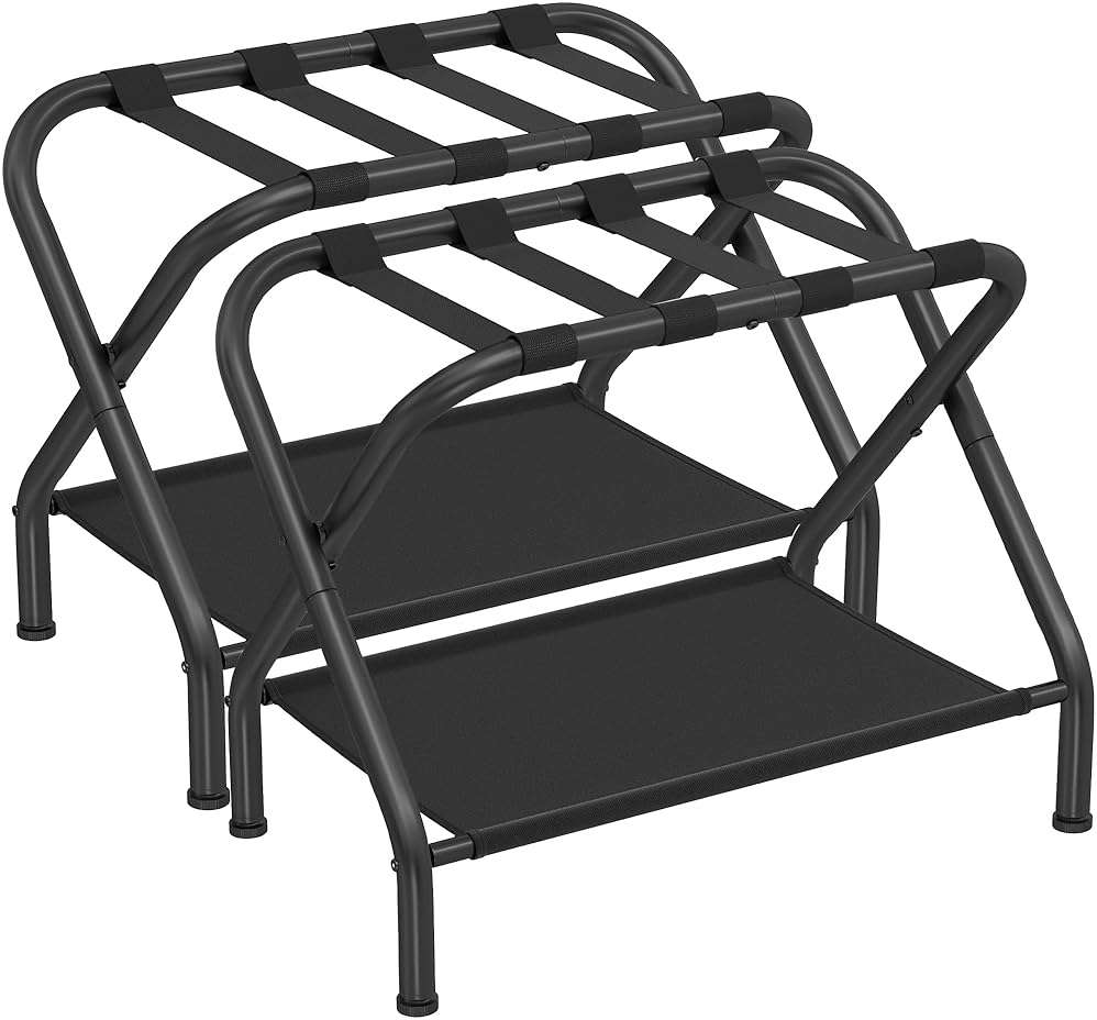 SONGMICS Luggage Racks, Set of 2, Suitcase Stand with Fabric Storage Shelf, for Guest Room, Bedroom, Hotel, Foldable Steel Frame, Holds up to 110 lb, 27.2 x 15 x 20.5 Inches, Black URLR002B02 - Image 1