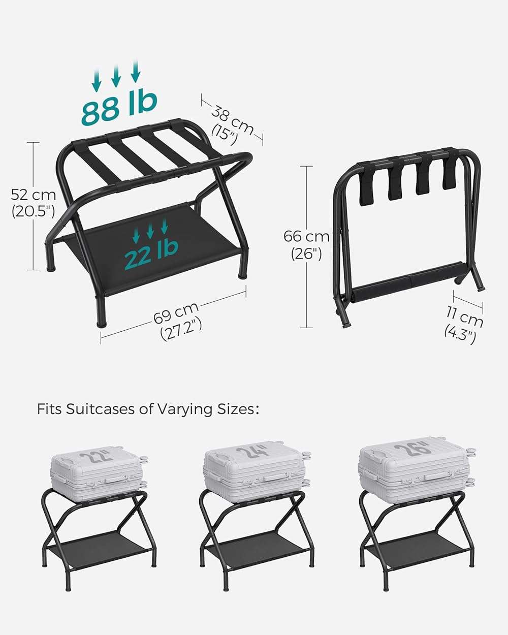 SONGMICS Luggage Racks, Set of 2, Suitcase Stand with Fabric Storage Shelf, for Guest Room, Bedroom, Hotel, Foldable Steel Frame, Holds up to 110 lb, 27.2 x 15 x 20.5 Inches, Black URLR002B02 - Image 2
