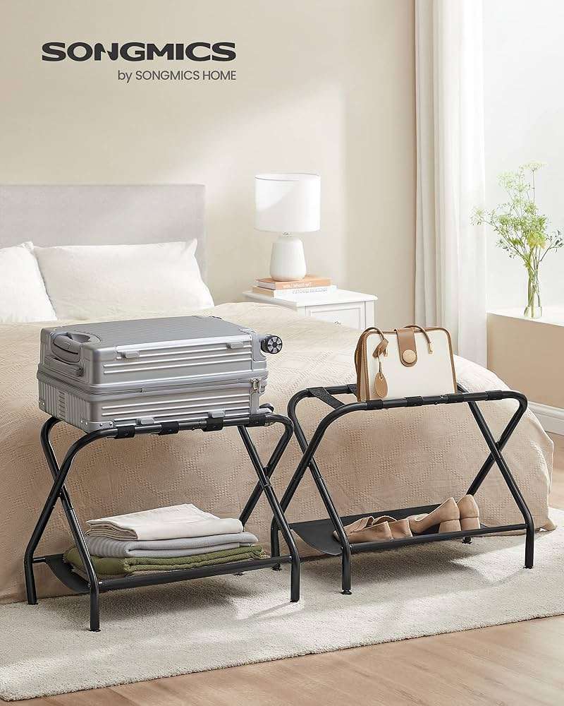 SONGMICS Luggage Racks, Set of 2, Suitcase Stand with Fabric Storage Shelf, for Guest Room, Bedroom, Hotel, Foldable Steel Frame, Holds up to 110 lb, 27.2 x 15 x 20.5 Inches, Black URLR002B02 - Image 3