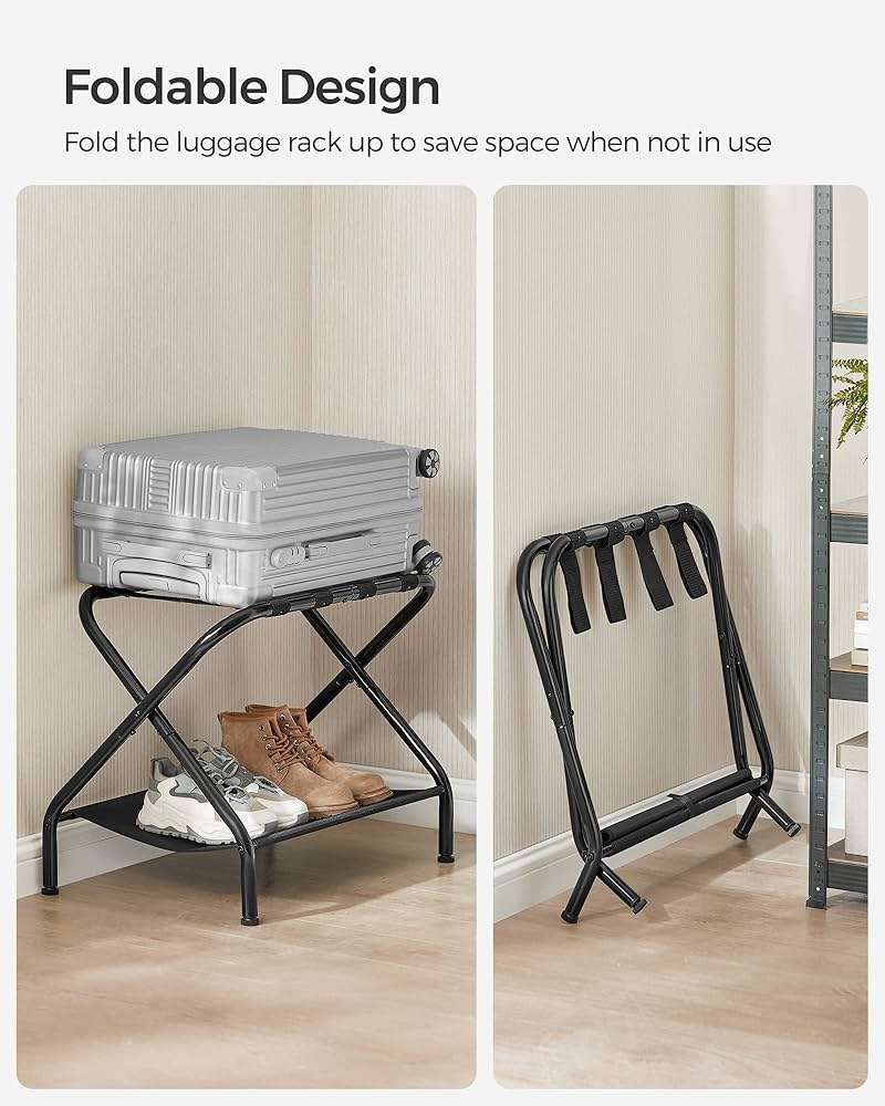 SONGMICS Luggage Racks, Set of 2, Suitcase Stand with Fabric Storage Shelf, for Guest Room, Bedroom, Hotel, Foldable Steel Frame, Holds up to 110 lb, 27.2 x 15 x 20.5 Inches, Black URLR002B02 - Image 5