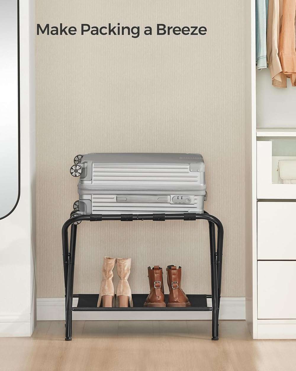 SONGMICS Luggage Racks, Set of 2, Suitcase Stand with Fabric Storage Shelf, for Guest Room, Bedroom, Hotel, Foldable Steel Frame, Holds up to 110 lb, 27.2 x 15 x 20.5 Inches, Black URLR002B02 - Image 8