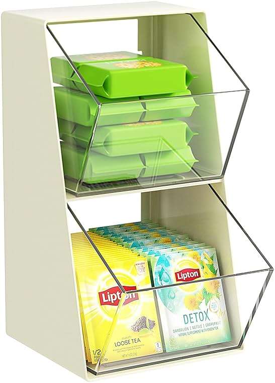 BILLION GOLD Acrylic Tea Bag & K Cup Organizer with 2 Transparent Drawers - Compact Multi-Use Storage for Coffee Pods, Sugar Packs - Kitchen & Office Counter Organizer - White - Image 1