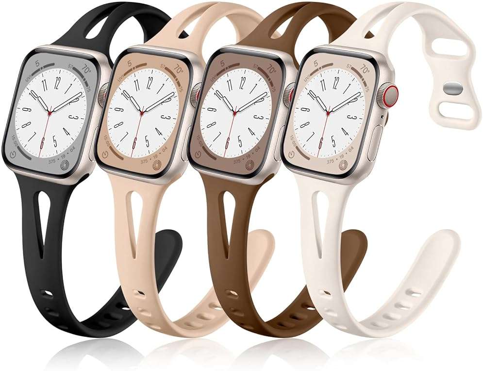 Getino Compatible with Apple Watch Band 40mm 38mm 41mm 42mm iWatch Series 11 10 9 8 7 6 5 4 3 2 1 SE for Women, Durable Soft Silicone Thin Slim Sport Watch Bands, Black/Dark Brown/Starlight/Milk Tea - Image 1